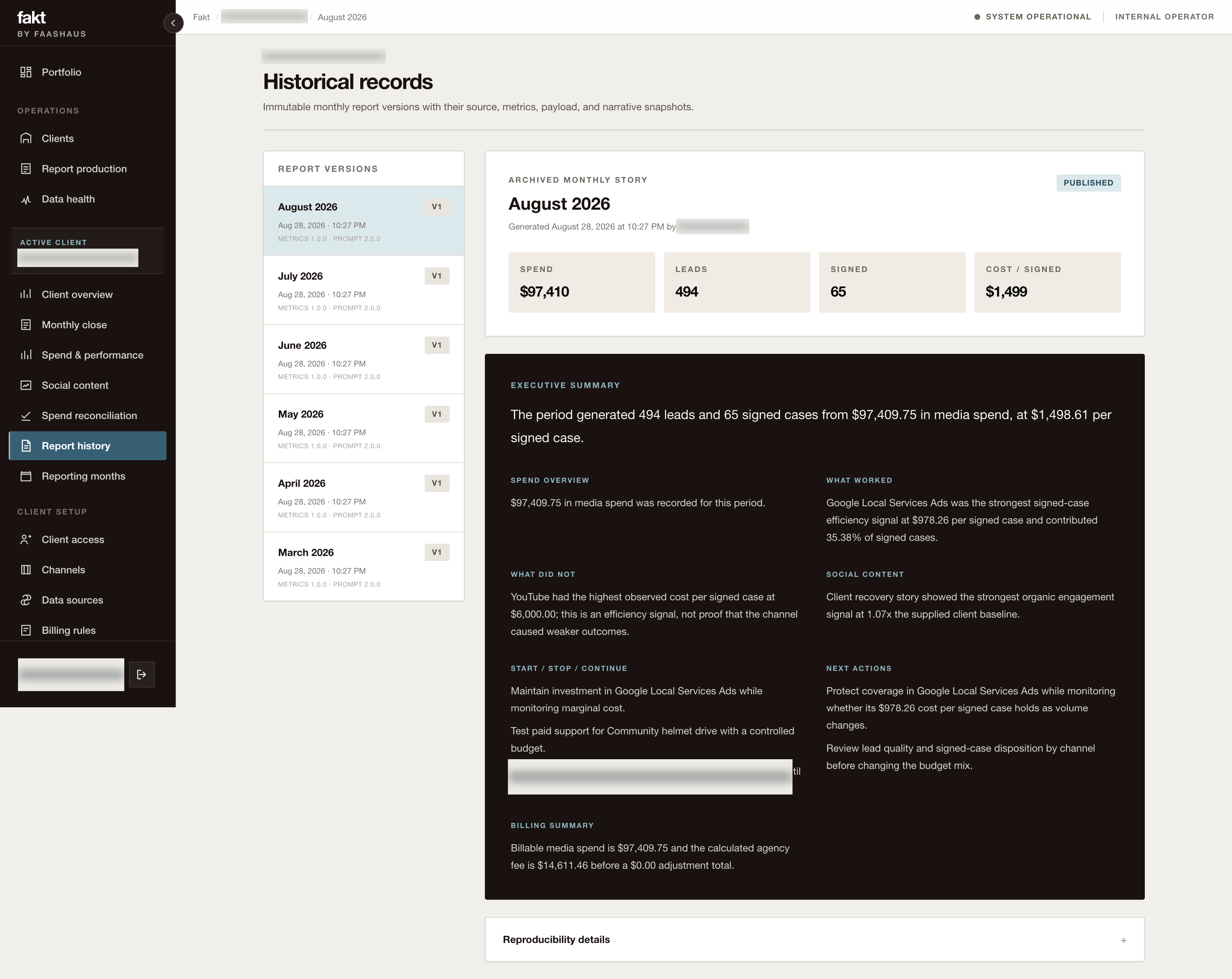 Fakt: Preserve the basis of each report. Demo data with names obscured.