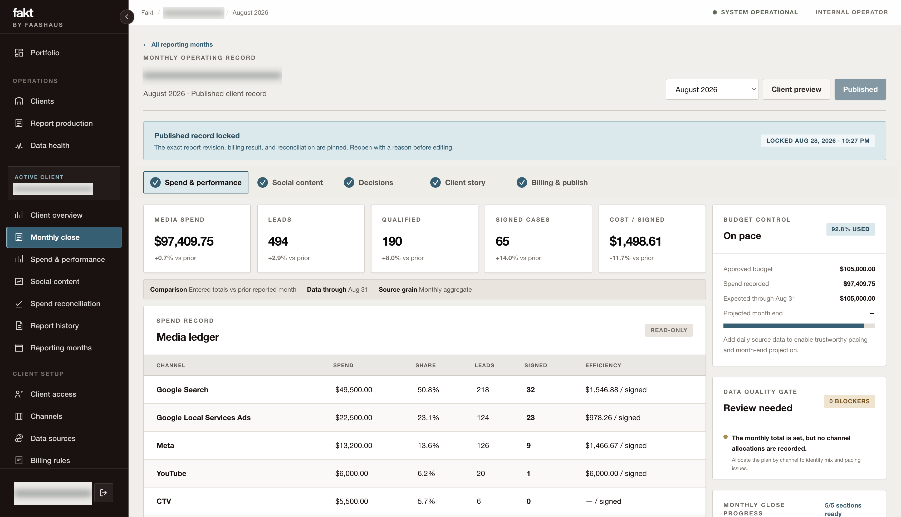 Fakt: Bring the monthly close together. Demo data with names obscured.