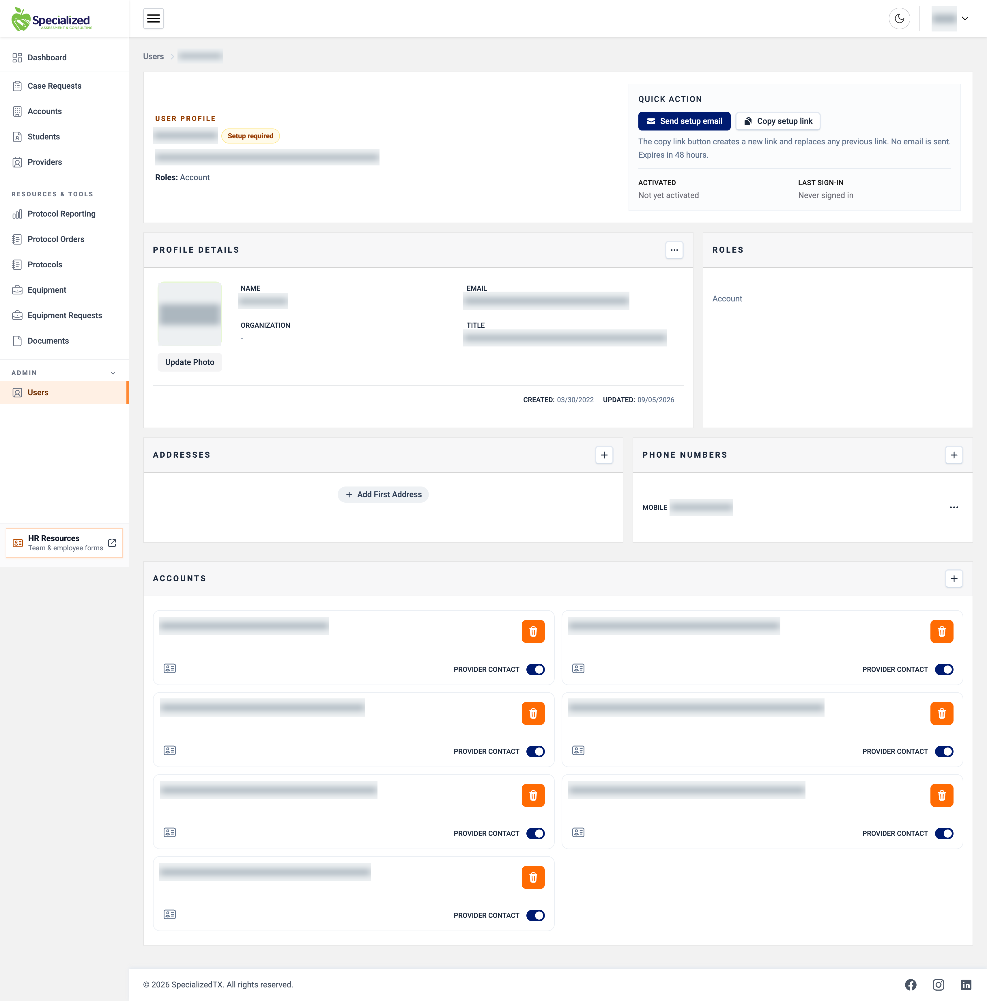 Specialized OS: Connected account access. Identifying information is obscured.