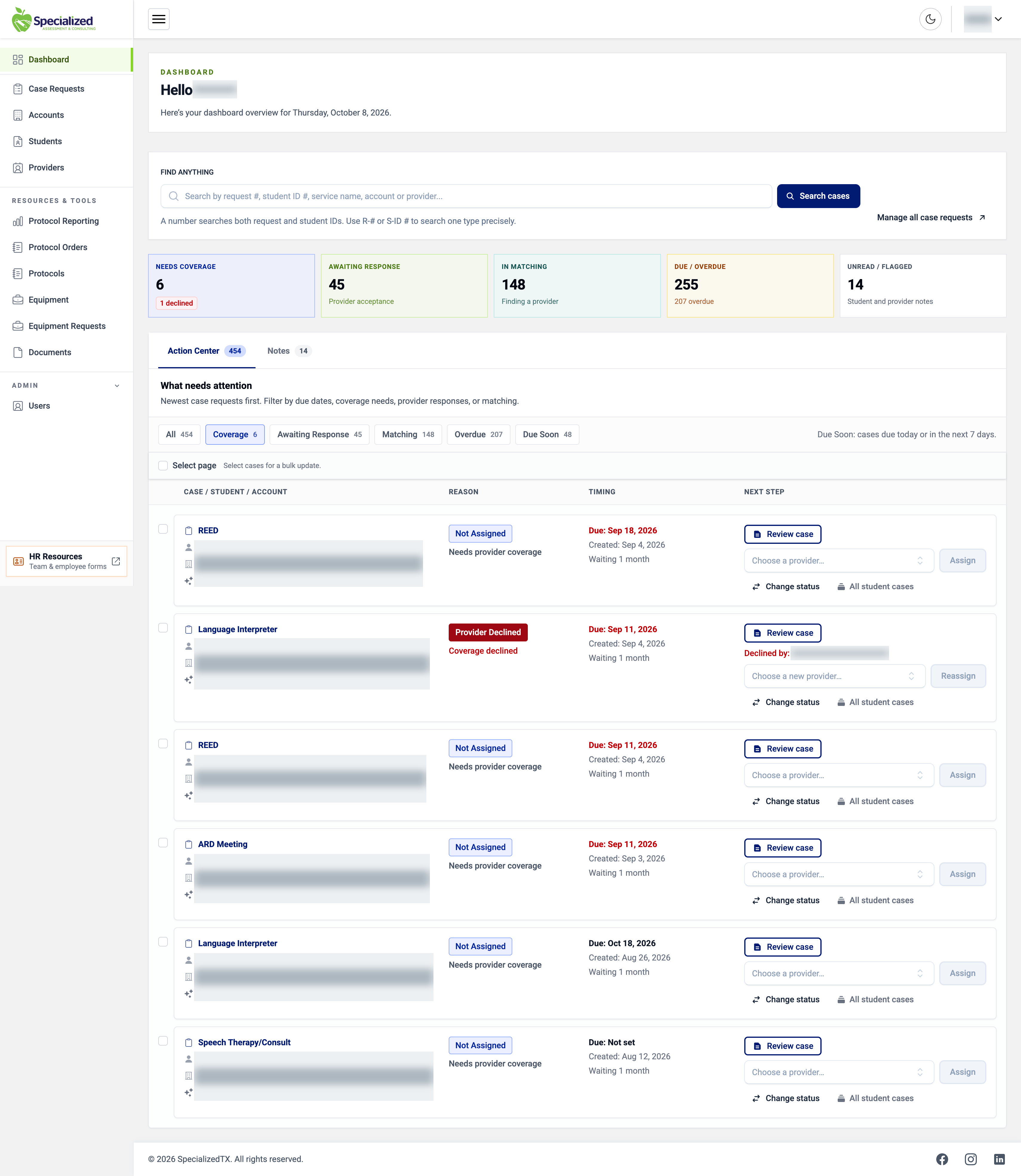Specialized OS: Account management. Identifying information is obscured.