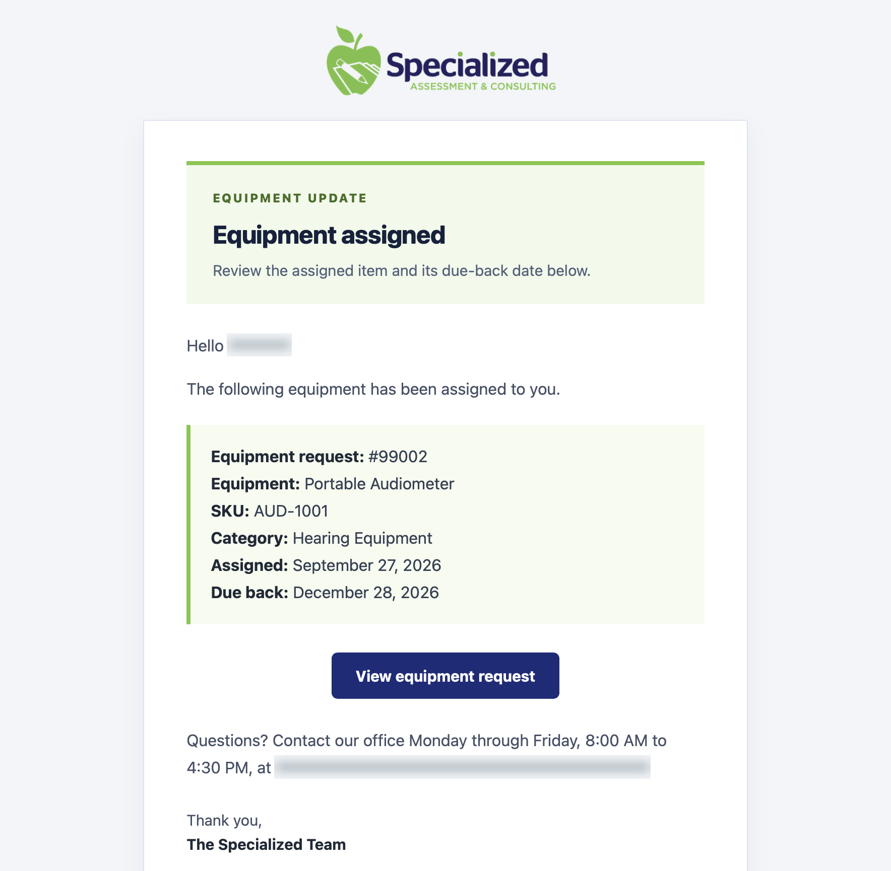 Specialized OS equipment-email example with recipient name obscured.
