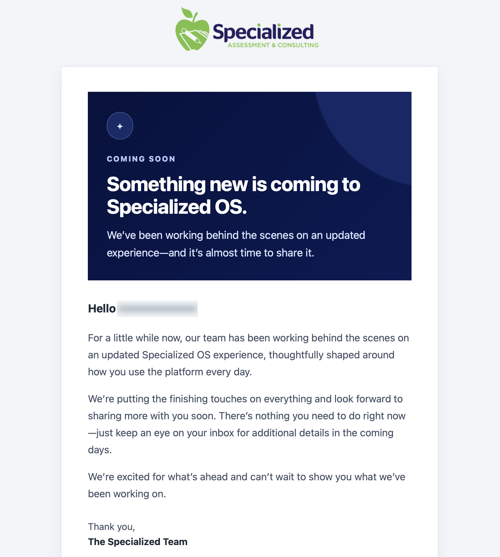Specialized OS launch-email example with recipient name obscured.