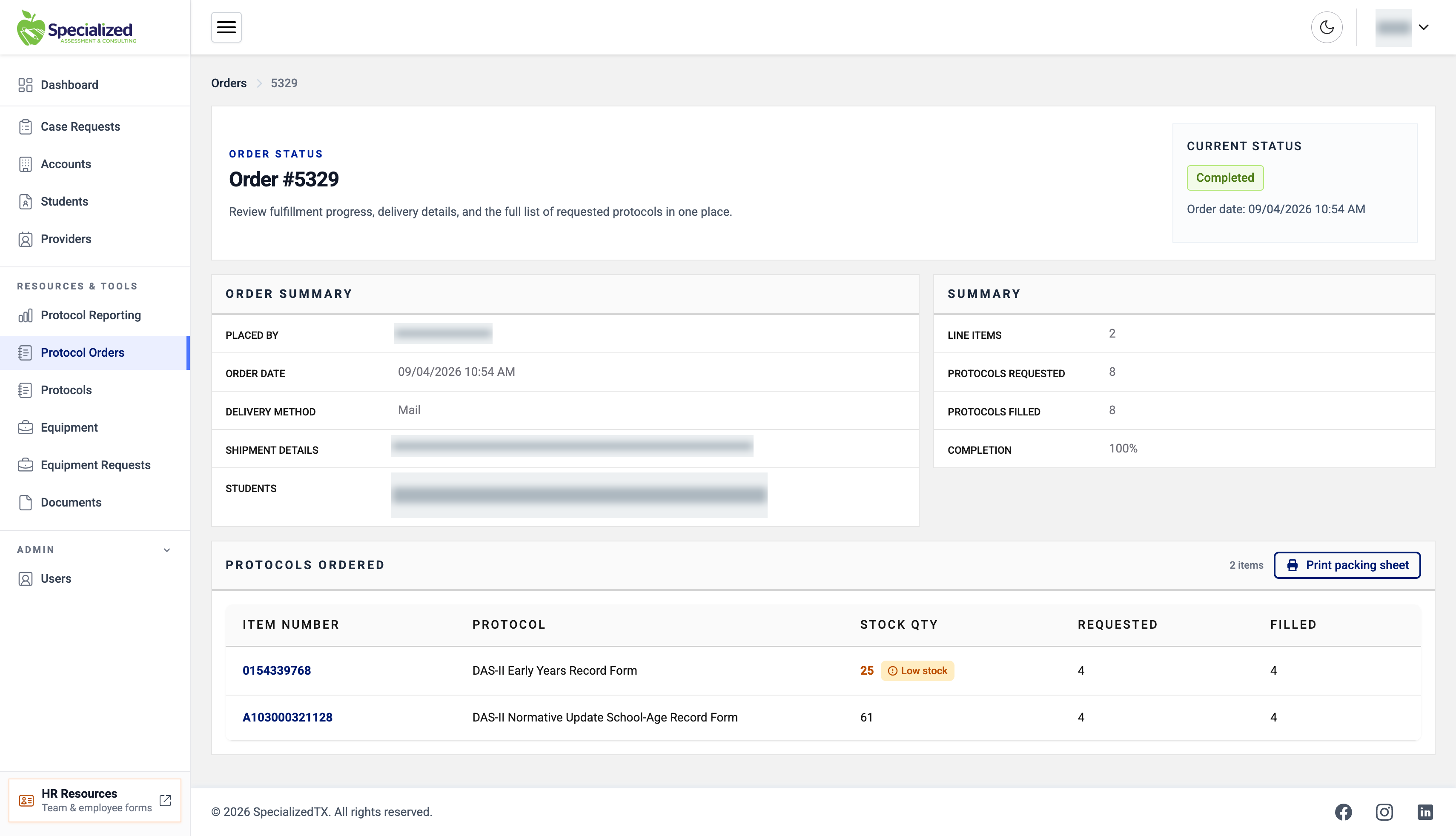 Specialized OS: From request to fulfillment. Identifying information is obscured.