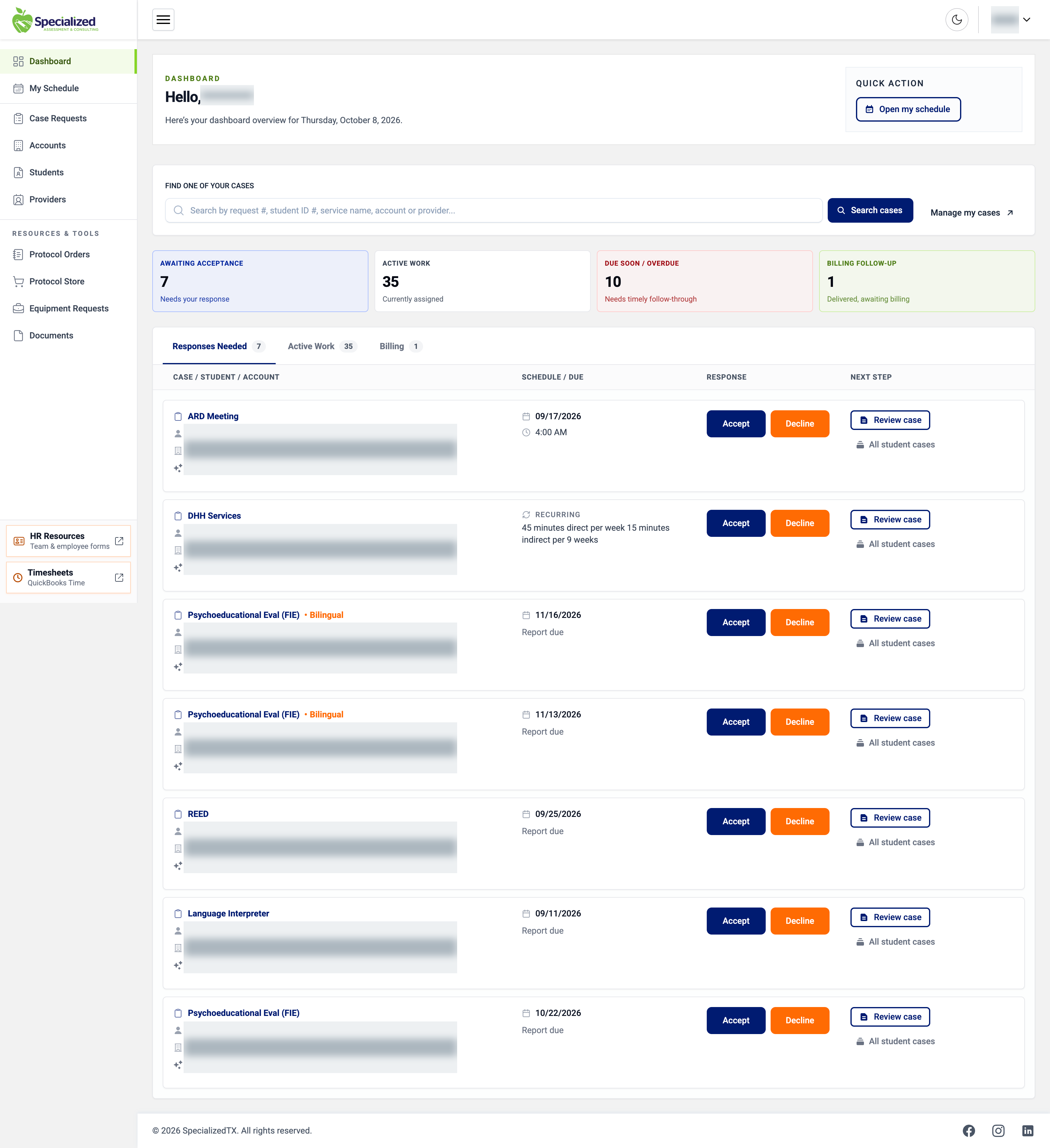 Specialized OS: A workspace for providers. Identifying information is obscured.
