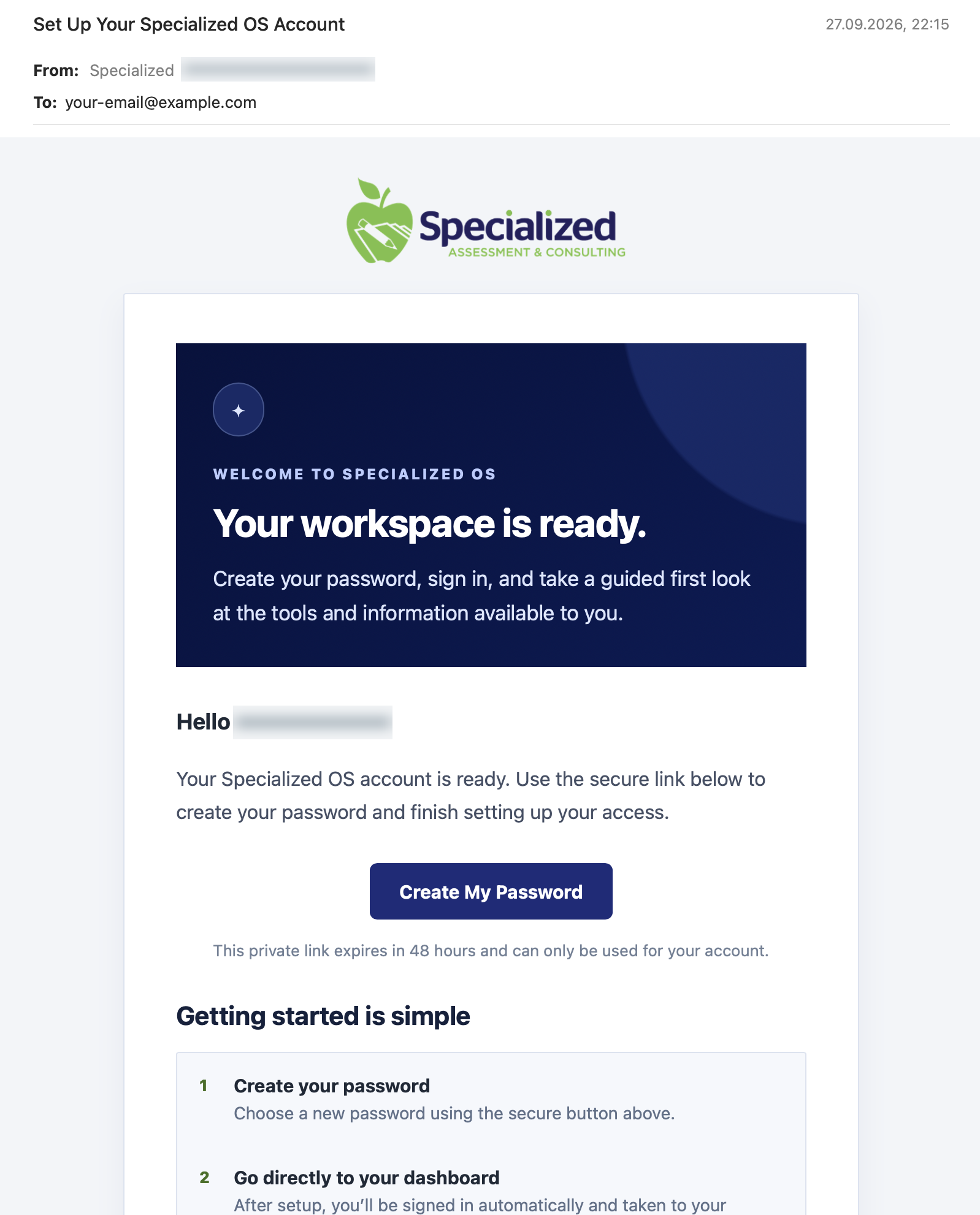 Specialized OS welcome-email example with recipient name obscured.